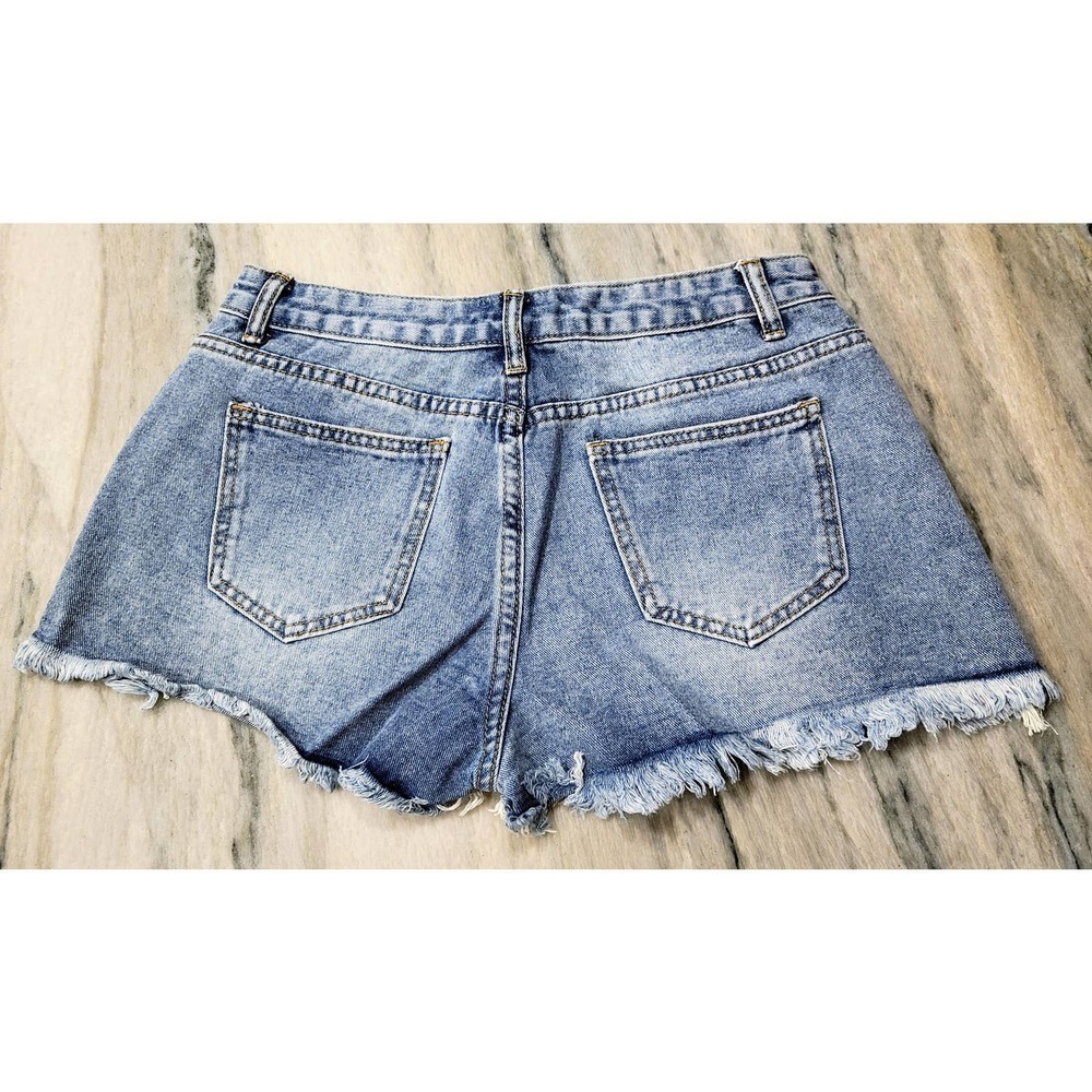 Folivora Denim Shorts Distressed Frayed Hem Blue NWT - Picture 5 of 10